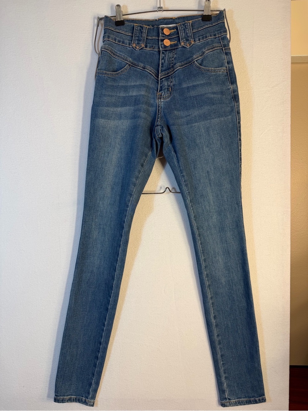 High-Rise Skinny Jeans with Double-Button Waist in Medium Blue